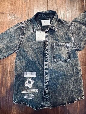 Zara NWT Black Acid-Wash Button-Down Shirt with Chest Pocket